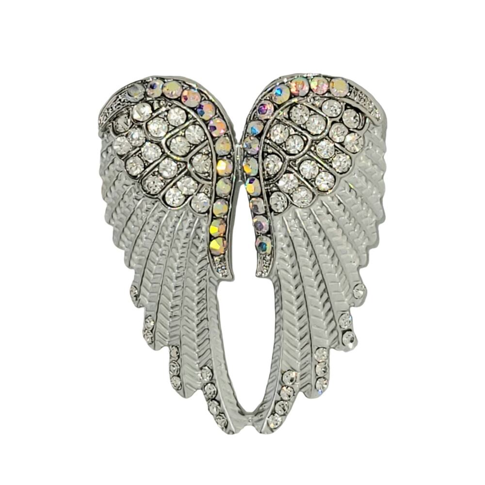Silver Tone White Hand Painted Enamel Round Crystal Angel Wings Brooch